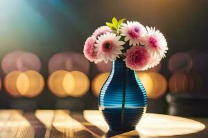 een blauw vaas met roze bloemen zittend Aan een tafel. ai-gegenereerd foto