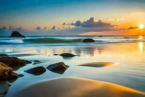 de zon stijgt over- de oceaan en rotsen Aan de strand. ai-gegenereerd foto