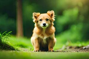 een klein bruin hond zittend Aan de grond. ai-gegenereerd foto