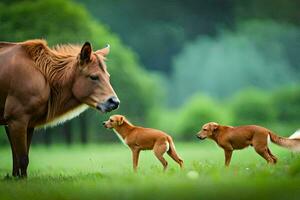 een paard en twee puppy's in een veld. ai-gegenereerd foto