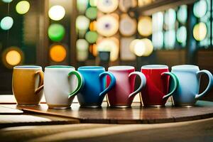 kleurrijk koffie cups bekleed omhoog Aan een tafel. ai-gegenereerd foto