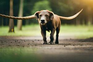een hond wandelen Aan een aarde weg met een touw. ai-gegenereerd foto