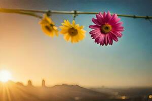 kleurrijk bloemen Aan een Liaan met de zon instelling achter hen. ai-gegenereerd foto