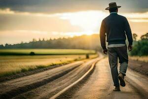 een Mens wandelen naar beneden een aarde weg Bij zonsondergang. ai-gegenereerd foto