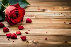 rood rozen Aan een houten tafel met harten. ai-gegenereerd foto