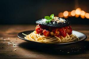spaghetti met tomaat saus en zwart peper Aan een bord. ai-gegenereerd foto