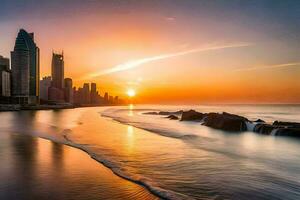 de zon stijgt over- de stad horizon in dubai. ai-gegenereerd foto