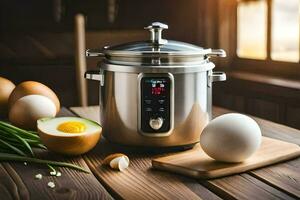 een elektrisch druk kookplaat met eieren en andere ingrediënten. ai-gegenereerd foto