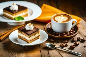 koffie en taart Aan een houten tafel. ai-gegenereerd foto