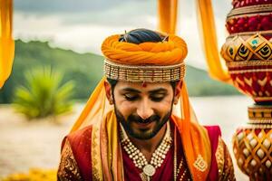een Mens in een Indisch bruiloft kleding glimlacht terwijl poseren voor de camera. ai-gegenereerd foto