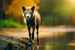 een wolf is wandelen aan de overkant de water in de Woud. ai-gegenereerd foto