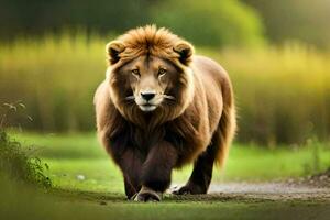 een leeuw wandelen Aan een pad in de gras. ai-gegenereerd foto