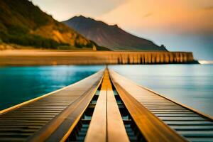 een lang houten pier met bergen in de achtergrond. ai-gegenereerd foto