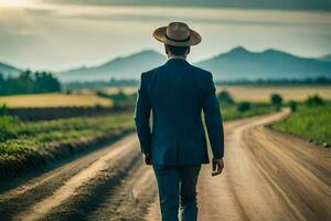 een Mens in een pak en hoed wandelingen naar beneden een aarde weg. ai-gegenereerd foto