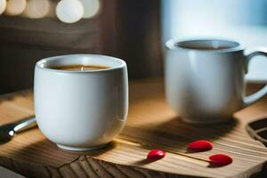 twee cups van koffie Aan een houten tafel. ai-gegenereerd foto