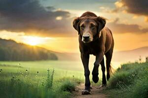 een bruin hond wandelen Aan een aarde weg Bij zonsondergang. ai-gegenereerd foto