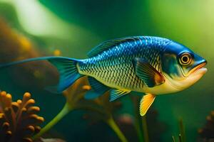 een blauw vis zwemmen in een aquarium. ai-gegenereerd foto