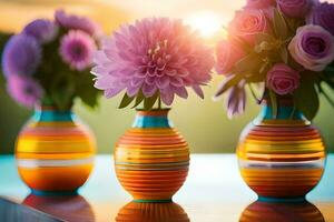 drie kleurrijk vazen met bloemen Aan een tafel. ai-gegenereerd foto