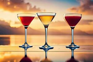 drie bril van verschillend gekleurde cocktails Aan een tafel. ai-gegenereerd foto