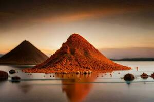 een berg van rood zand in de water. ai-gegenereerd foto