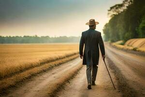 een Mens in een pak en hoed wandelen naar beneden een aarde weg. ai-gegenereerd foto