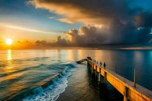 de zon sets over- de oceaan en pier. ai-gegenereerd foto