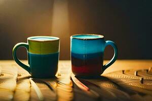 twee kleurrijk koffie mokken zitten Aan een houten tafel. ai-gegenereerd foto