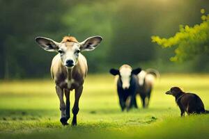 een koe en een hond wandelen in de gras. ai-gegenereerd foto