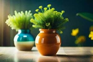 twee vazen met groen planten in hen Aan een tafel. ai-gegenereerd foto