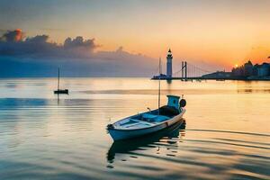 een boot is drijvend in de water Bij zonsondergang. ai-gegenereerd foto