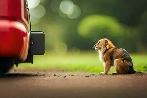 een hond zittend De volgende naar een rood auto. ai-gegenereerd foto