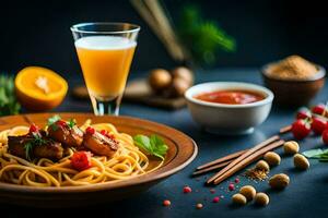 spaghetti met vlees en groenten Aan een donker tafel. ai-gegenereerd foto