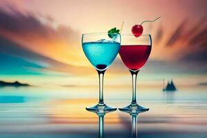twee bril van cocktails met een zonsondergang in de achtergrond. ai-gegenereerd foto