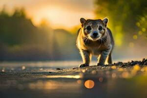een klein dier wandelen Aan de weg Bij zonsondergang. ai-gegenereerd foto