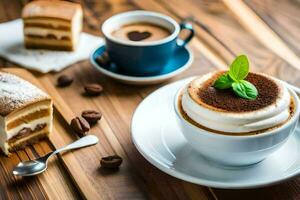 koffie en taart Aan een houten tafel. ai-gegenereerd foto