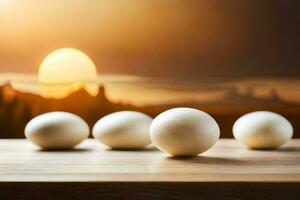 vijf eieren Aan een houten tafel met de zon instelling achter hen. ai-gegenereerd foto