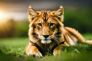 een leeuw houdende in de gras. ai-gegenereerd foto