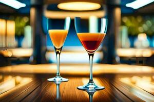 twee bril van oranje en rood drankjes Aan een bar. ai-gegenereerd foto