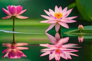 twee roze lotus bloemen zijn weerspiegeld in de water. ai-gegenereerd foto