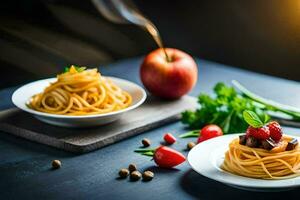 spaghetti met champignons en tomaten Aan een houten tafel. ai-gegenereerd foto