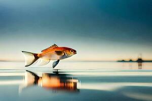 een vis is staand Aan de water met een reflectie. ai-gegenereerd foto