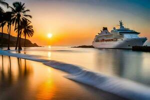 een reis schip in de oceaan Bij zonsondergang. ai-gegenereerd foto