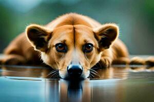 een hond houdende in water met haar hoofd in de water. ai-gegenereerd foto