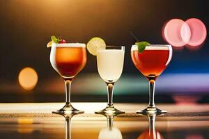 drie verschillend types van cocktails Aan een tafel. ai-gegenereerd foto