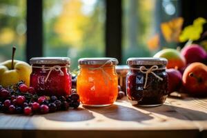 huis Bewaren. 3 potten met verrukkelijk rangschikking van eigengemaakt jam aardbei, abrikoos, zwarte bes, framboos, perzik, of kers. zoet, smaakvol, en voedzaam biologisch desserts. kopiëren ruimte ai gegenereerd foto