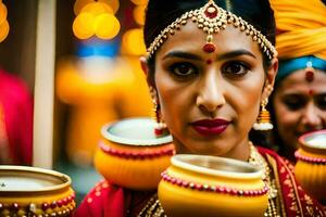 een vrouw in traditioneel Indisch kleding Holding twee potten. ai-gegenereerd foto