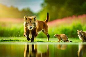een wolf en twee welpen wandelen in de gras. ai-gegenereerd foto