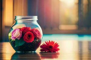 een glas pot met bloemen Aan een tafel. ai-gegenereerd foto