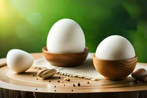 eieren in houten kommen Aan een tafel. ai-gegenereerd foto