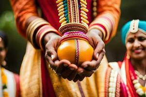 een Mens Holding een oranje bal in zijn handen. ai-gegenereerd foto